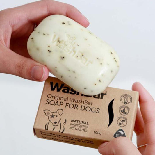 Unboxed WashBar Original Soap bar held above kraft packaging – zero-waste shampoo bar made from natural neem and tea tree oils