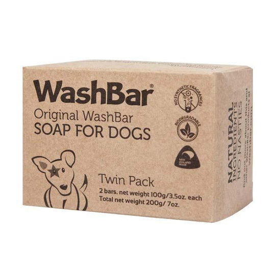 WashBar Original Soap for Dogs twin-pack in compostable kraft box – eco-friendly natural dog shampoo bar with neem, manuka oil.